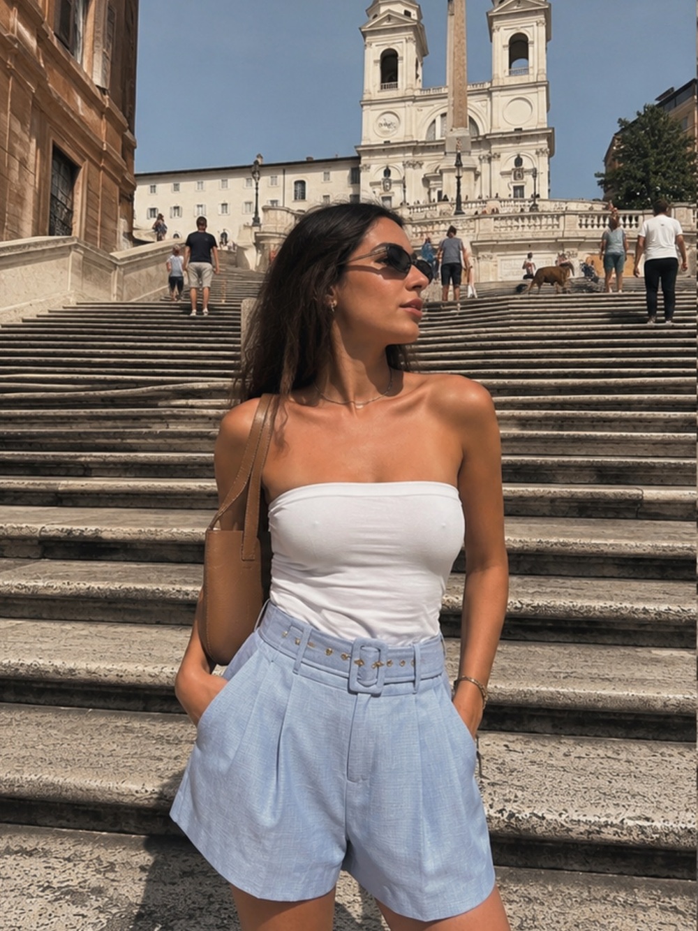 White Strapless Light Blue High-Waist Shorts